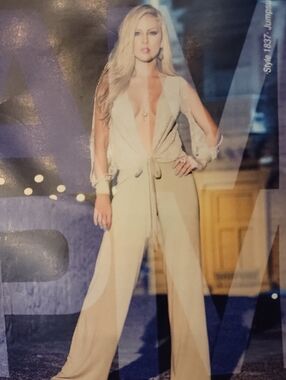 Plunging V-Neck Wide-Leg Jumpsuit in Beige